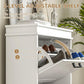 Open white flip-drawer shoe cabinet showing shoes on adjustable two-tier shelf