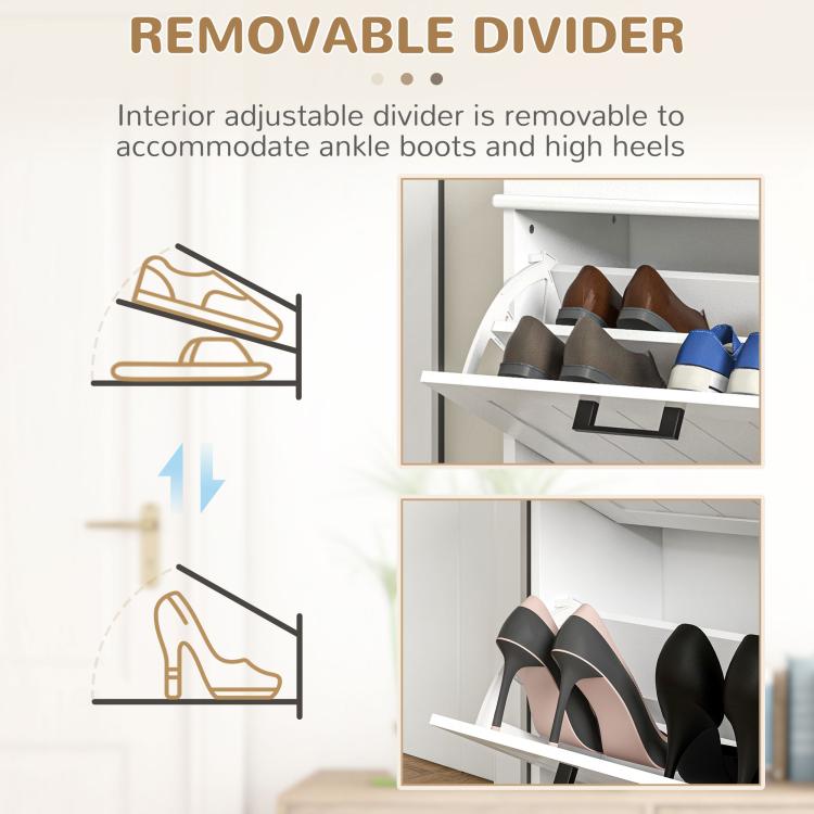 White flip-drawer shoe cabinet with removable divider inside, holding shoes