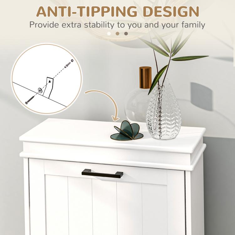 White shoe storage cabinet with anti-tipping design, black bar handles