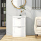 White narrow shoe storage cabinet with two flip drawers and black bar handles