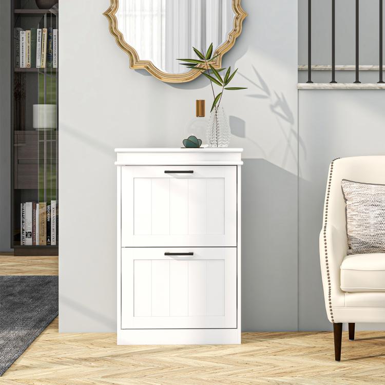 White narrow shoe storage cabinet with two flip drawers and black bar handles