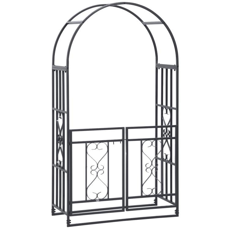 Grey metal garden arbor with double doors and heart scrollwork panel details