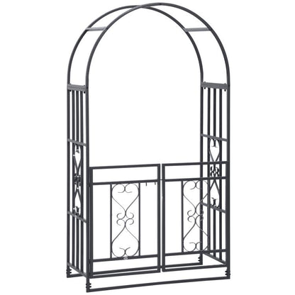 Grey metal garden arbor with double doors and heart scrollwork panel details