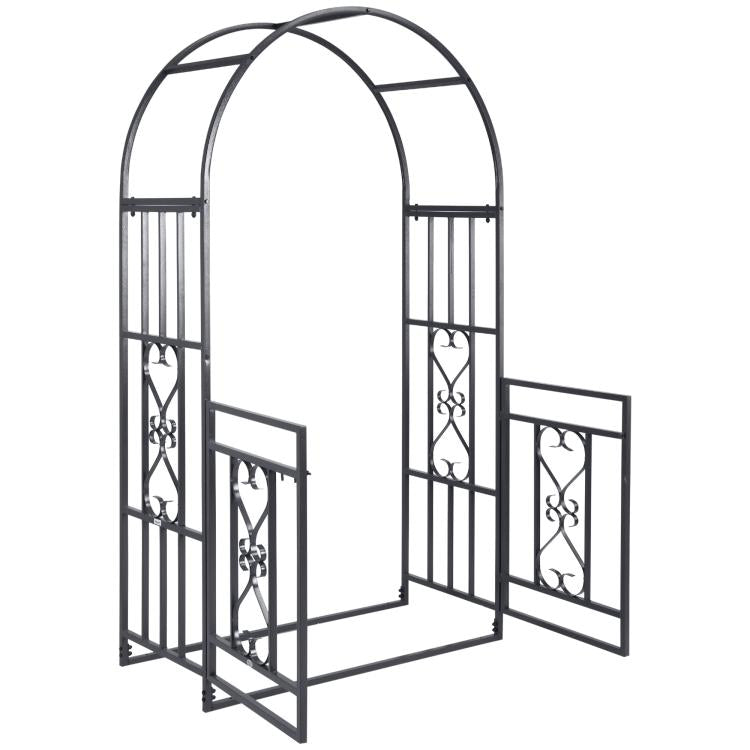 Grey metal garden arbor arch with hinged double doors open, heart motif inserts