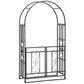 Grey metal garden archway arbor with double locking gate doors and heart motifs