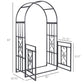 Grey metal garden arbor with arched frame and double doors, size measurements shown