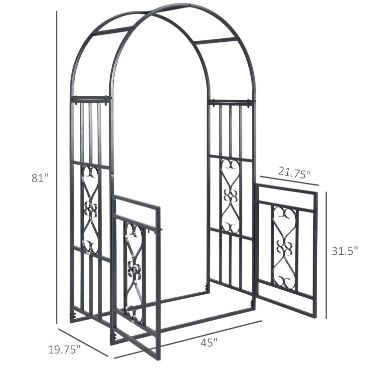 Grey metal garden arbor with arched frame and double doors, size measurements shown