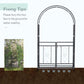 Grey metal garden arbor with arched top and decorative heart panels, front view