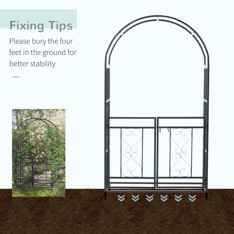 Grey metal garden arbor with arched top and decorative heart panels, front view