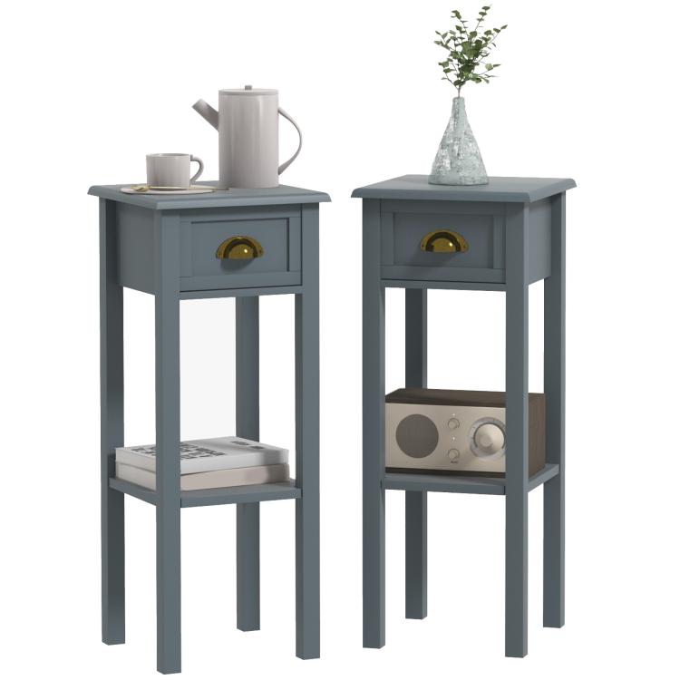 Gray side table set of 2 with drawer and open lower shelf, square tabletop.