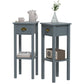 Gray end table set of 2, each with drawer front and open bottom shelf.