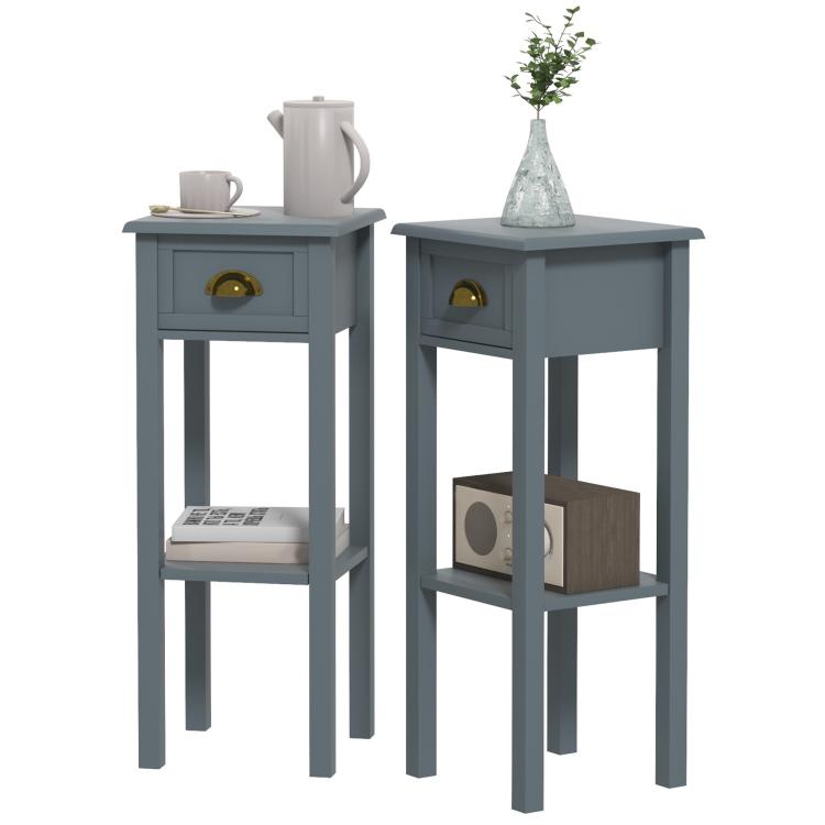 Gray end table set of 2, each with drawer front and open bottom shelf.