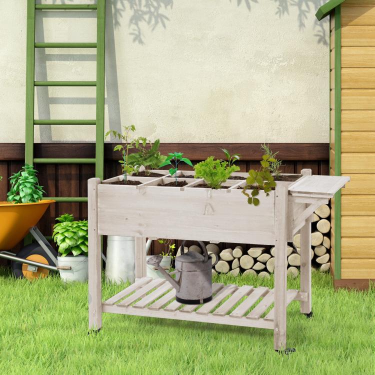 Raised garden planter with open bottom shelf, trellis-style frame, and wheels