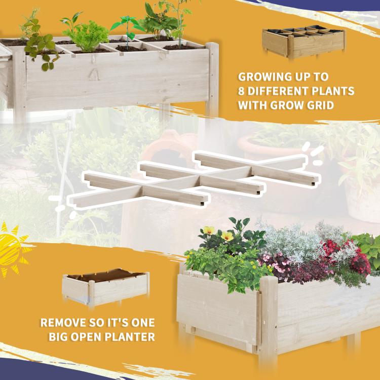 Raised wooden planter box with removable grow grid sections and open base shelf
