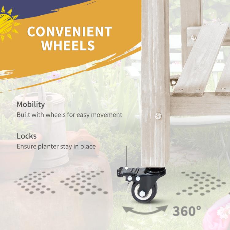 Lockable caster wheel at base of raised planter box for easy mobility