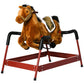 Light brown plush rocking horse, side view, with black hand grips on red frame