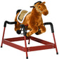 Plush brown rocking horse for kids with padded seat, black handles, and white mane