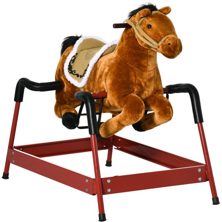 Plush brown rocking horse for kids with padded seat, black handles, and white mane