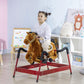 Kids plush rocking horse with red metal base, ridden by a child in white outfit