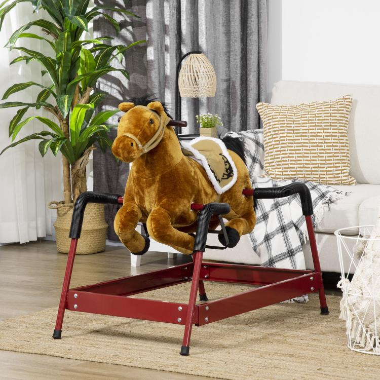 Light brown plush rocking horse on red rocking frame in a home living space