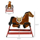 Light brown plush rocking horse ride-on with red frame and black spring handles