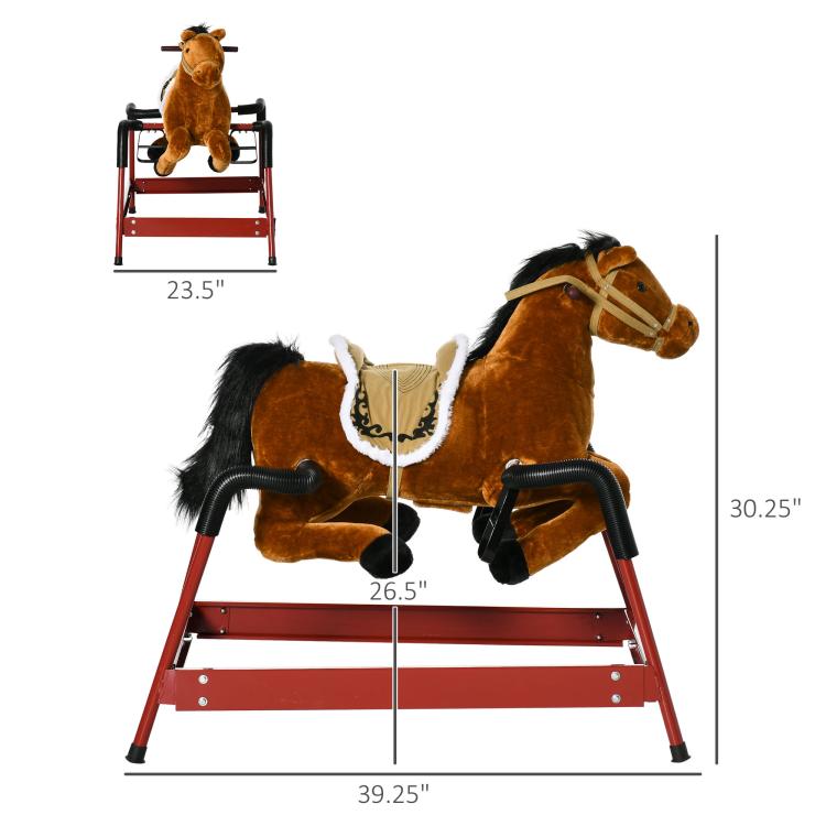 Light brown plush rocking horse ride-on with red frame and black spring handles
