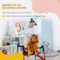 Child riding light brown plush rocking horse on red frame in a playroom
