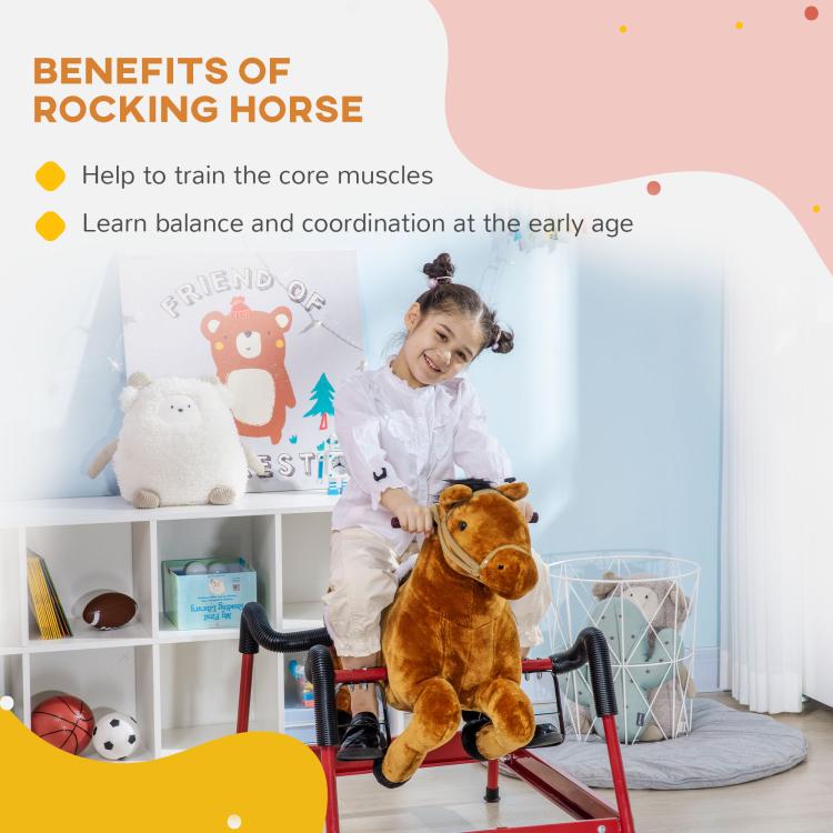 Child riding light brown plush rocking horse on red frame in a playroom