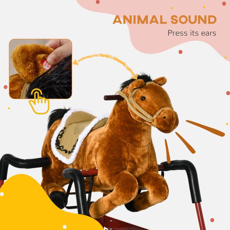 Light brown plush rocking horse with black handles and beige saddle detail