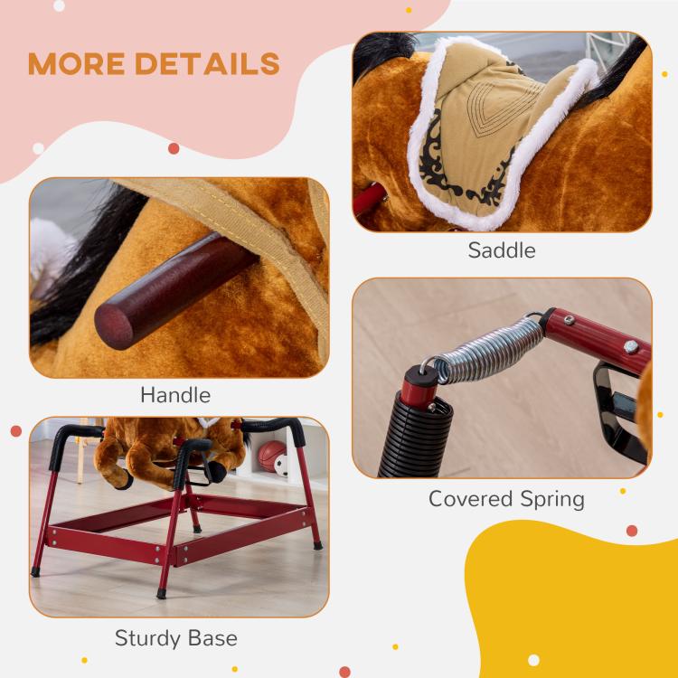 Rocking horse detail view: beige saddle, handle, covered spring, steady base