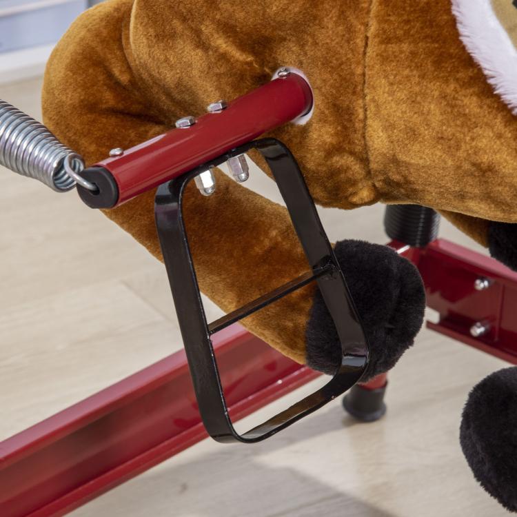 Close-up of red handle and black support bar on plush rocking horse frame