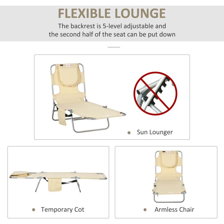 Beige flexible tanning lounge chair with 5-level adjustable back and face pillow