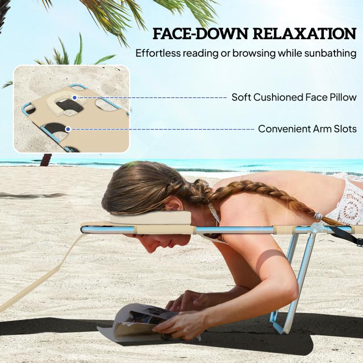 Beige face-down tanning lounge chair with cushioned face pillow and arm slots