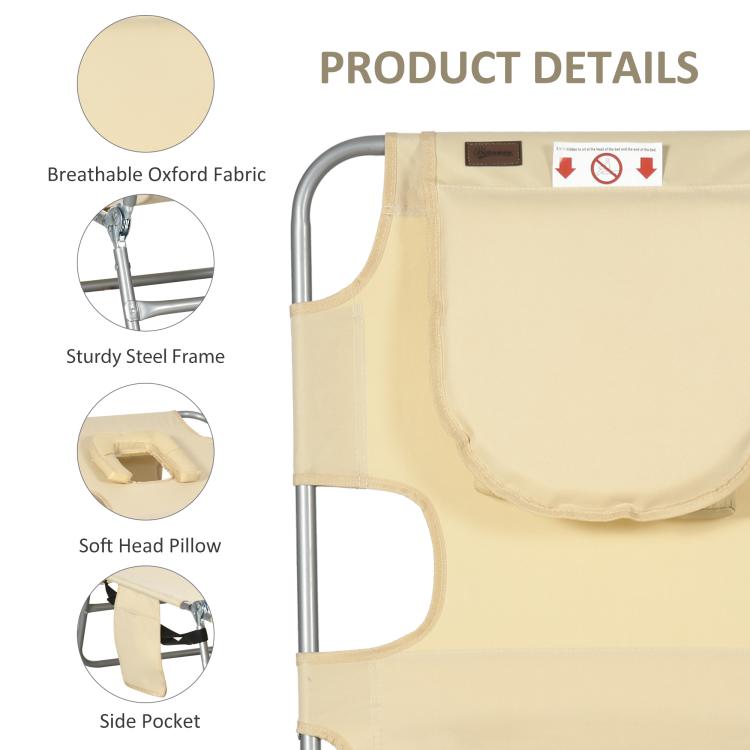 Beige tanning chair with breathable fabric, soft head pillow, and steel frame