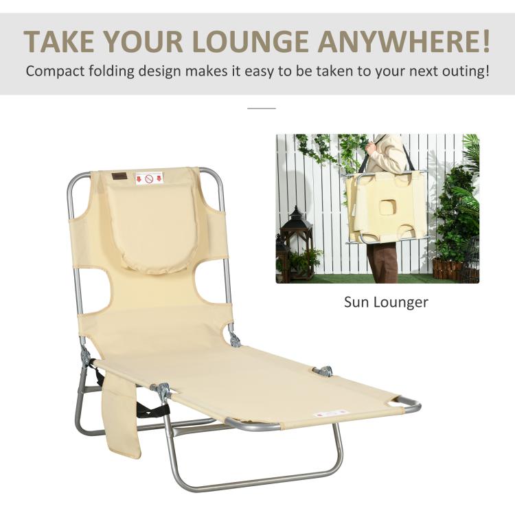Beige foldable tanning lounger chair with face hole and padded head pillow