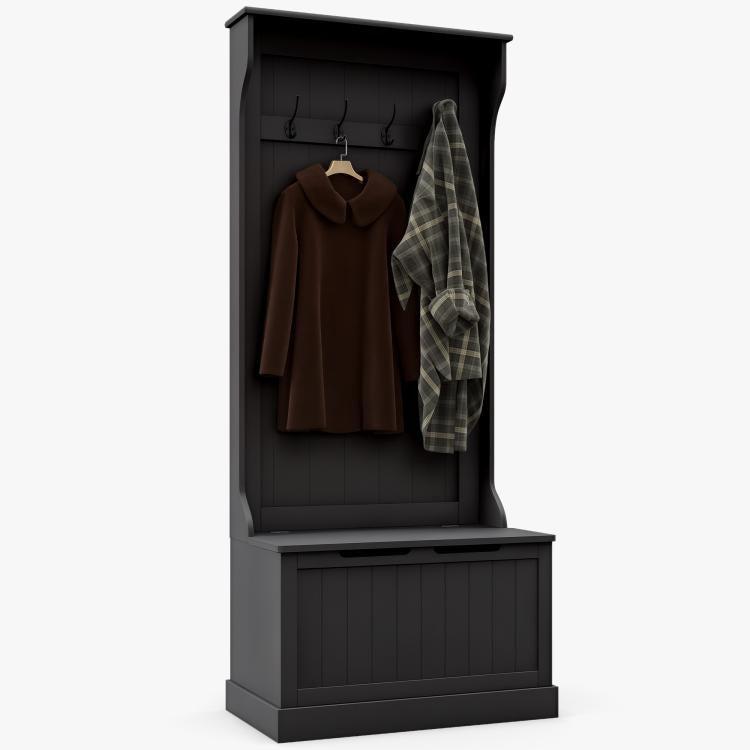 Black entryway hall tree with coat hooks and bench storage, open front with coats
