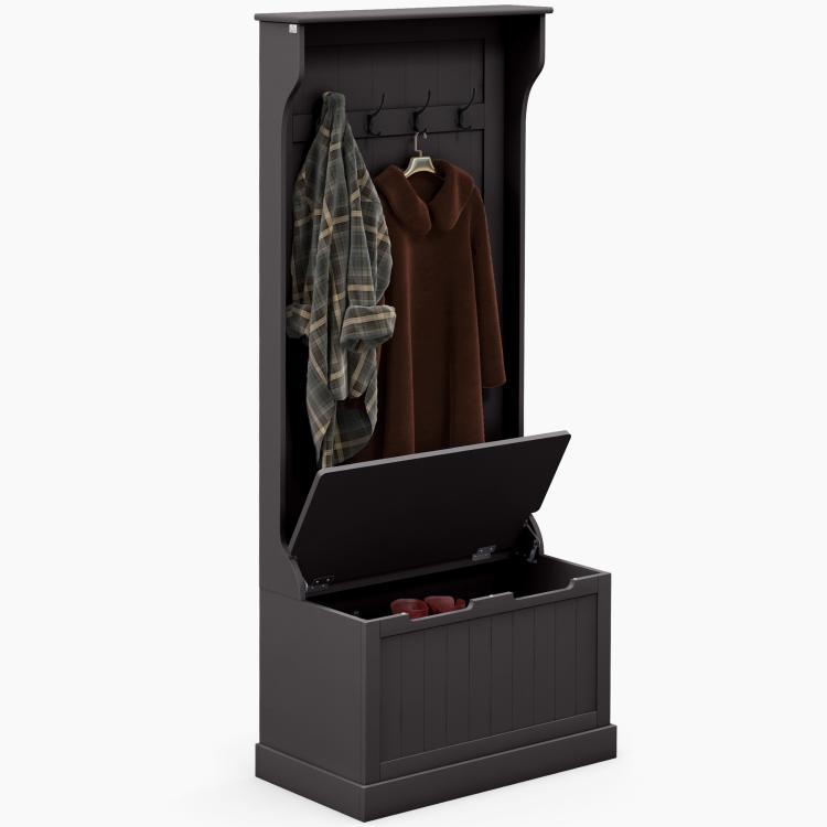 Black hall tree coat rack with hinged seat opening to reveal storage compartment