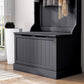 Black entryway hall tree bench with flip-down storage panel and coat hooks