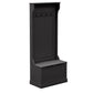 Black hall tree with coat hooks and padded bench seat with storage drawer
