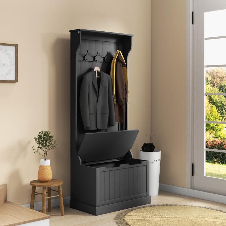 Black entryway hall tree with coat hooks above an open storage bench