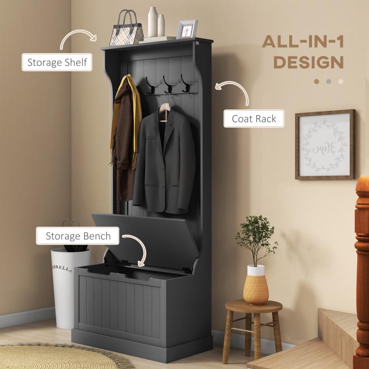 Black hall tree with storage shelf, coat hooks, and storage bench design