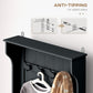 Black coat rack bench with hooks and anti-tipping hardware detail on top