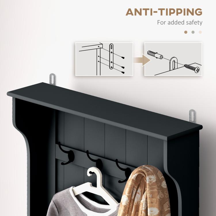 Black coat rack bench with hooks and anti-tipping hardware detail on top