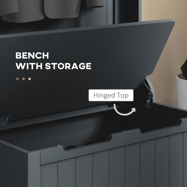 Black bench with storage and hinged top for easy access to items