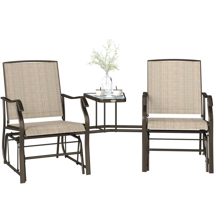 Set of two outdoor rocking glider chairs with light beige sling seats and round glass table