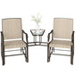 Two outdoor rocking glider chairs with light beige sling backs and a small round glass tabletop