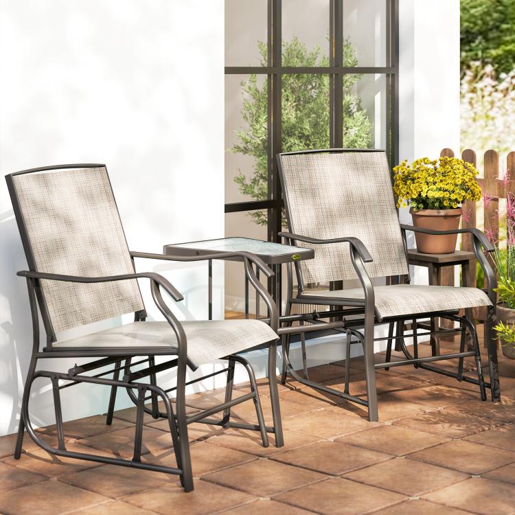 Outdoor rocking chair set with coffee table; light brown frames, beige woven sling seats