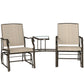 Two patio rocking chairs and small coffee table between; light brown frames, beige sling