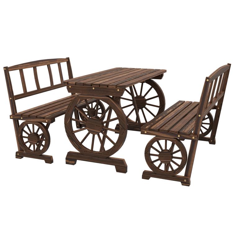 Brown wagon-wheel outdoor dining table with bench chairs, side view