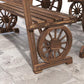 Wood outdoor patio dining table base with wagon wheel design and slatted tabletop